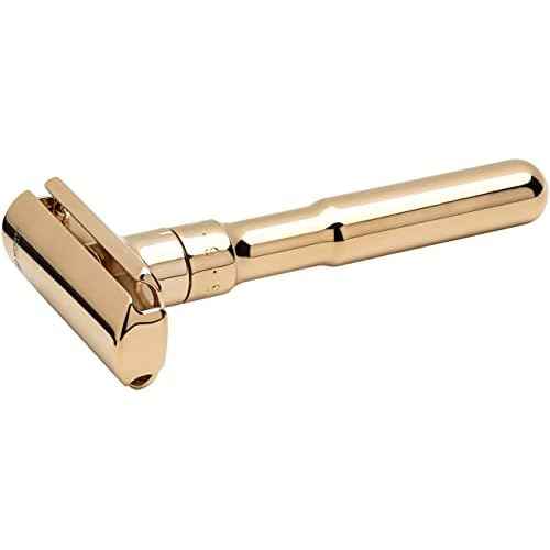 MERKUR FUTUR 702 Adjustable Double Edge Safety Razor - Bright Gold, Adjustable Razor With Dial, Made in Germany, Plastic-Free, Snap-On Cap Design, Straight Bar