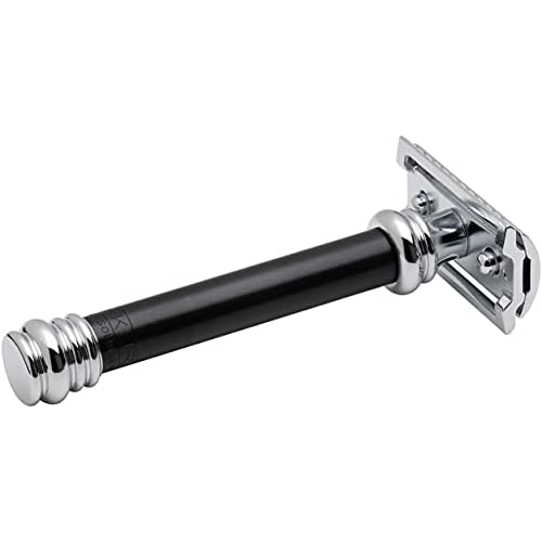 MERKUR 38B Double Edge Safety Razor - Black Handle | Extra Large Barber Pole Grip Brass Handle | Made in Germany | Plastic-Free | Two Piece Design | Closed Comb | Straight Bar