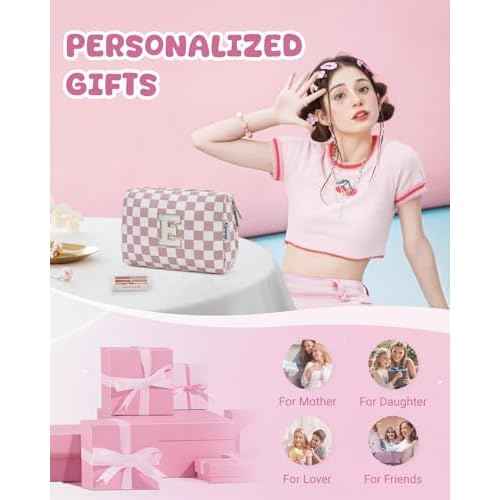 Narwey Birthday Gifts for Teen Girls Kids Women Personalized Initial Checkered Makeup Bag Pink Monogram Cosmetic Bag Trendy Stuff 6 8 10 11 12 13 14 16 18 Years Old Travel Toiletry Bag (Dusty Rose J)