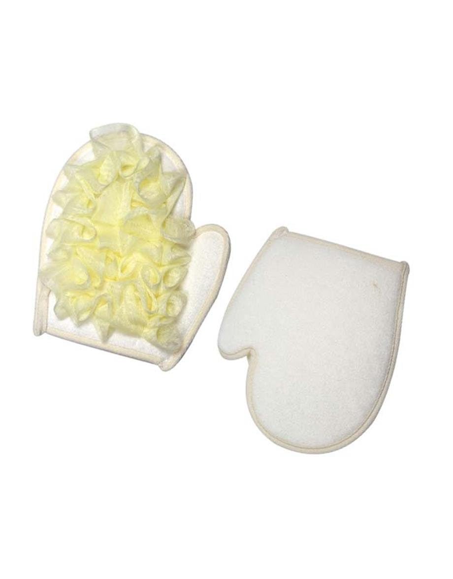 Double-Sided Exfoliating Bath Mitt, White, Synthetic Loofah with Soft Fabric, 6.7x5.1 Inch, Deep Cleansing and Gentle Scrub, Reusable Shower Glove, Ages 9+