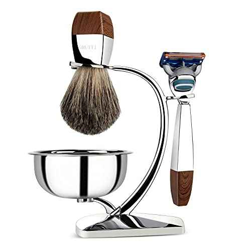 GRUTTI Shaving Kit for Men, 4 in 1 Shaving set Includes Badger Brush, Safety Mens Razor, Shaving Stand, Soap Bowl, Compatible with Fusion 5, Come with Gift Box for Boyfriend Husband Dad Fathers Day