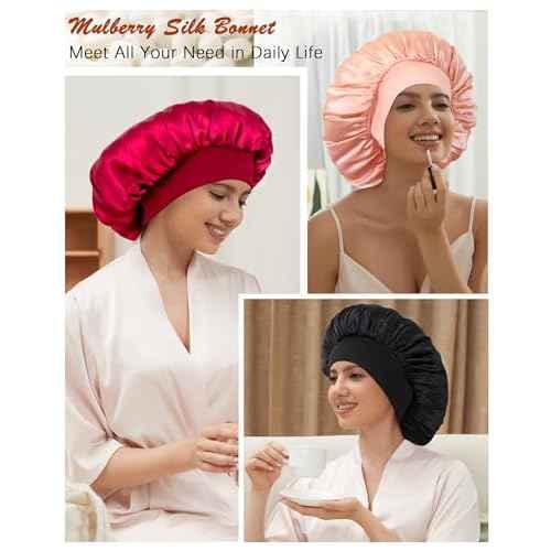 100% Mulberry Silk Bonnet for Sleeping Women, Real Pure Silk Bonnets, Double Layer Sleep Cap with Elastic Band for Curly Hair