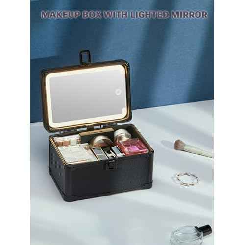 Qislee Makeup Box Mini with A Detachable Lighted Mirror, Waterproof Small Makeup Case,Cosmetic Organizer and Travel Train Case with Magnetic LED Mirror(Black)