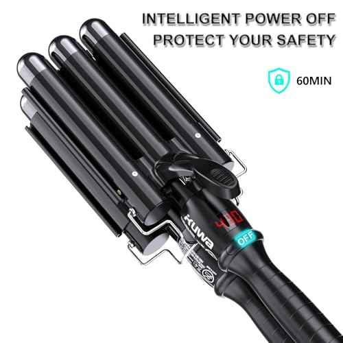 kuwa Three Barrel Curling Iron,Hair Crimper with LCD Temperature Display,1 Inch Crimper Hair Tool,Dual Voltage Hair Crimper,Beach Waver Curling Iron (Black)