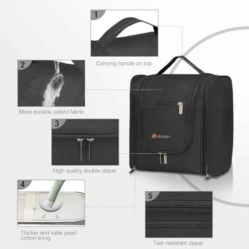 MULISOFT Travel Toiletry Bag for Women & Man, Extra Large Toiletry Bag, Portable Hanging Toiletries Bag, Water Resistant Dopp Kit for Toiletries, Cosmetics, Big Comparment Travel Makeup Bag, Black