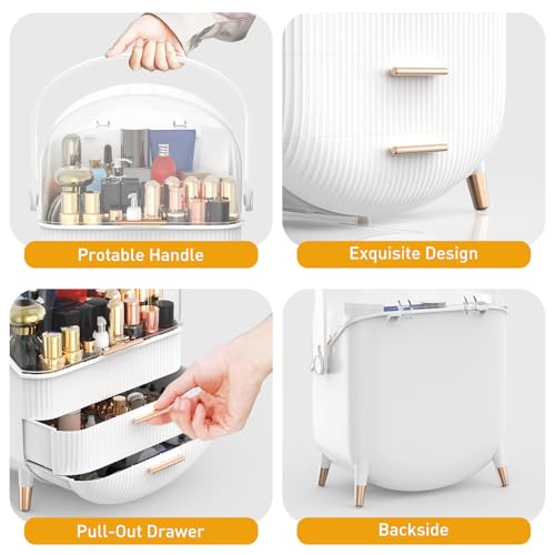 Makeup Organizer with Transparent Lid & 2 Drawers ? Large Capacity Cosmetic Skincare Storage Box for Bathroom Vanity, Countertop, Bedroom ? Portable and Dustproof, White (11"x7"x14")