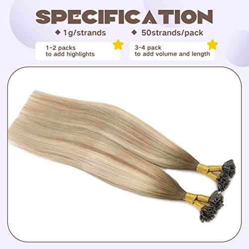 Sindra Keratin Nail Extension Tips Real Human Hair Balayage Darker Brown to Highlighted Blonde 18inch 50 Strand 50G Prebonded Fusion U Tip Hair Extensions Human Hair£¨Utip#3/8/22-18inch£©