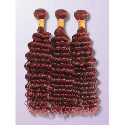 Reddish Brown Deep Wave Single Bundles Human Hair 24 Inch, 12A 100% Unprocessed Virgin Brazilian Weaves Thick Track #33B Auburn Copper Red Curly Water Wavy Colored Human Hair Bundles Remy Sew In