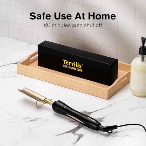 Terviiix Hot Comb for Lace Front Wigs, Curved Teeth Pressing Combs for Black Women Hair, Anti-Scald Straightening Comb, Electric Heat Comb, Temperature Adjustable, 60 Min Auto Shut Off