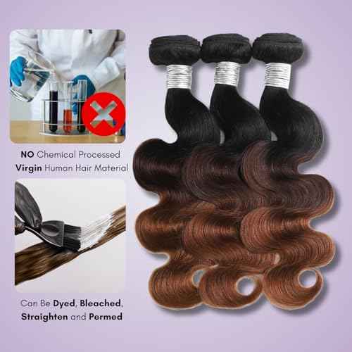 T1B/2/30 Chestnut Brown Ombre Human Hair Bundles Body Wave 24 Inch, 12A Thick Track 100% Virgin Human Hair Bundles Dark Roots Bundle 3 Tone Ombre Medium Auburn Colored Single Bundle Quick Weaves