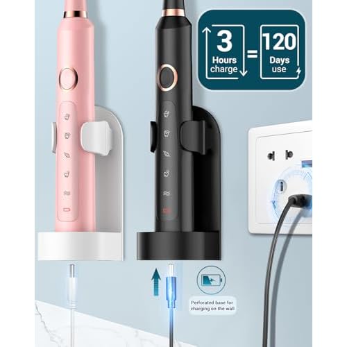 Rtauys 2 Pack Electric Toothbrush for Adults - 2 Rechargeable Electric Toothbrushes with 12 Brush Heads & 2 Travel Case, Power Electric Toothbrush with Holder, 3 Hrs Charge for 120 Days - Black+Pink