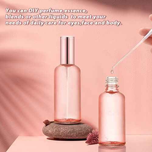 6 Pack 3.4 Oz Pink Glass Spray Bottles,Empty Perfume Fine Mist Atomizer,Refillable Travel Liquid Holder Containers for Cleaning Products,Essential Oils,Body Sprays-Rose-Golden Sprayer