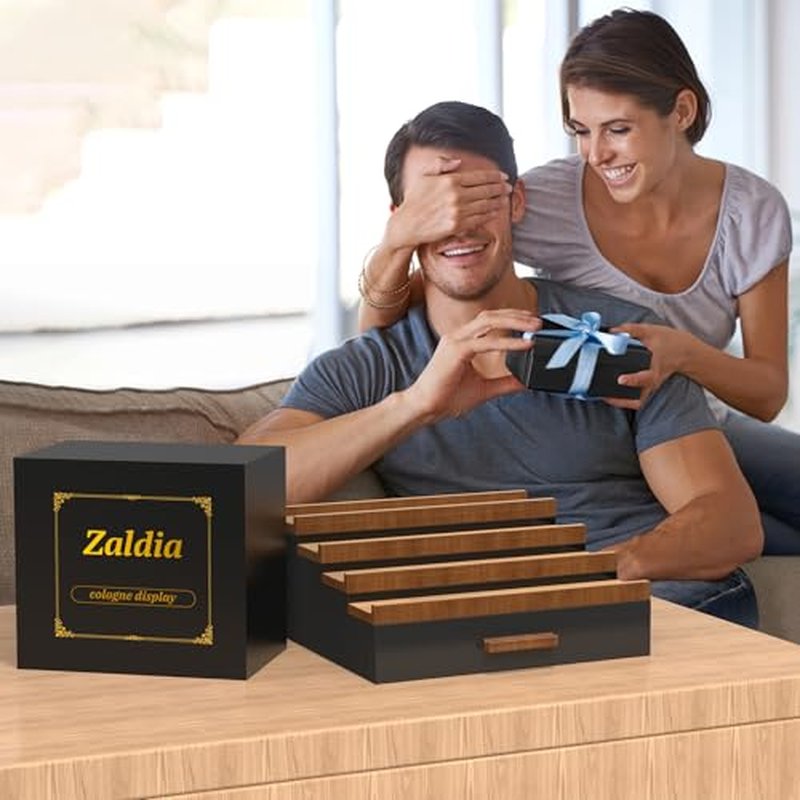 Zalida Wooden Cologne Organizer for Men 4 Tier of Perfume Display Holder of Drawer & 2 Hidden Compartments Larger Storage Space Mens Perfume Organizer Shelf Stand,Gift for Man (4T-Black Walnut)