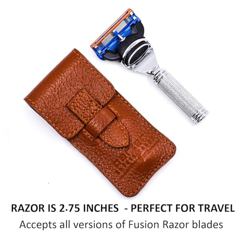 Parker Travel Fusion Safety Razor ? Compact 2.75¡È Fusion-Style Razor with Luxurious Saddle-Leather Sheath & 1 Gillette Fusion Blade, Pocket-Friendly & Durable Design