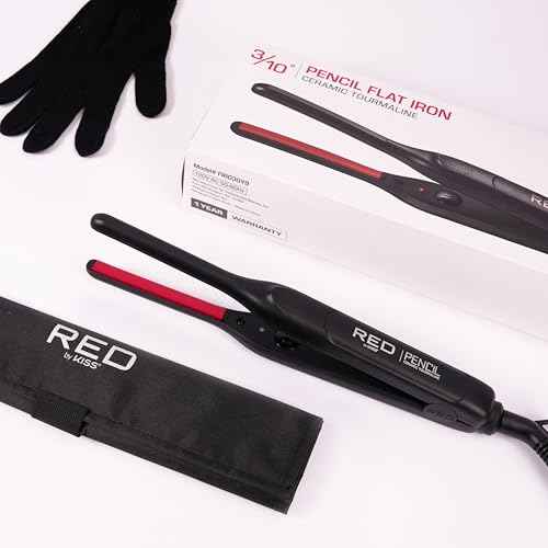 Red by Kiss Pencil Flat Iron up to 450¡ÆF Thin Small Tourmaline Ceramic Plate 0.3 inch (3/10") for Women and Men, Short to Medium Hair, Pixie Cut, Bangs, Edges.. A Travel Pouch and a Glove Included