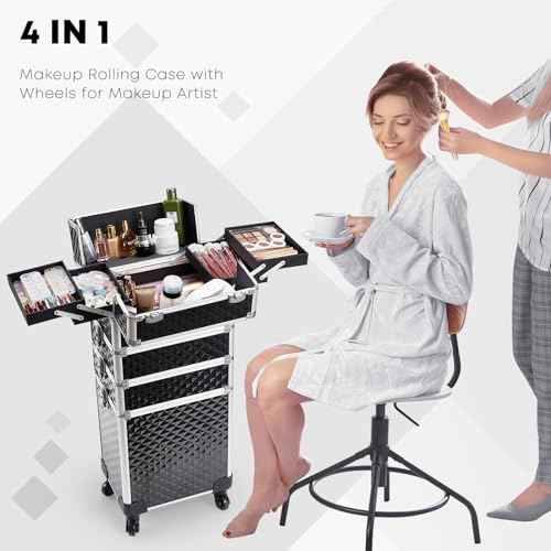 Adazzo 4 in 1 Rolling Makeup Case Cosmetic Train Case Trolley Roll Travel Box for Makeup Artist, Hairstylists, Nail Tech Makeup Cart with Key Swivel Wheels Barber Case Traveling Trunk Black