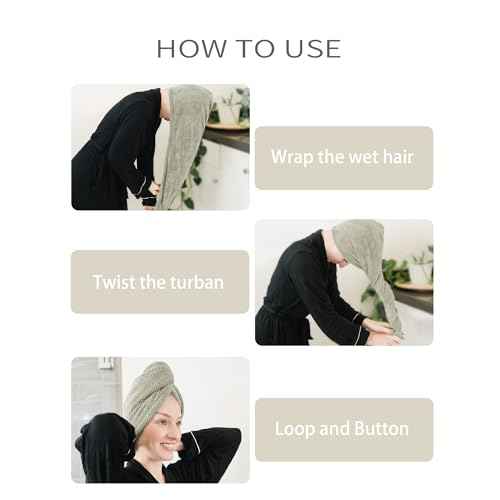 Extra Large 4 Pack Microfiber Hair Towel Wrap for Women Super Absorbent & Quick Dry Hair Drying Towels with Button, Hair Turbans for Curly Hair Long & Short Hair - Anti-Frizz (green pinstripe)