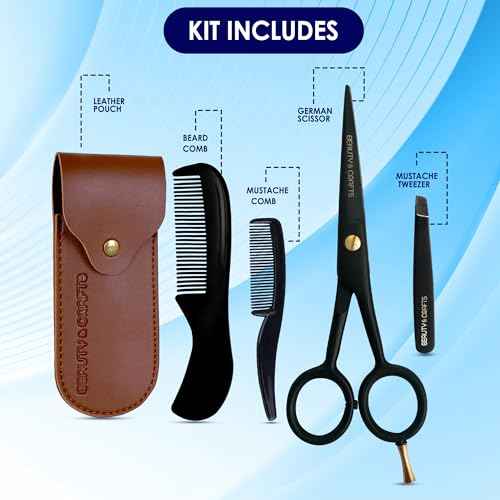 5'' Professional German Beard Scissors for Men- 2 Mustache Combs for Facial Hair with Beautiful Pouch & Tweezer - Mustache Scissors for Men Grooming, Cutting, Styling-Mustache Trimmer