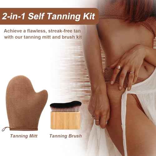 2 in 1 Streak-Free Natural Tanning Mitt, Leakproof-lined Self Tanner Mitt, Reusable Self Tanning Mitt and Brush, Self Tanner Brush for Self Tan Mit for Apply Tanning Lotion, Mousse, Sunscreen