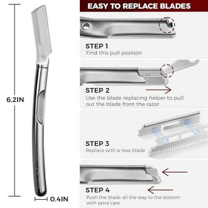 ZOMCHI Eyebrow Razor and Face Razor for Women and Men, Reusable Metal Handle with 11 Refill Blades, Dermaplane Razor with Protective Silicone Cap, Eyebrow Hair Trimmer - Polished Silver
