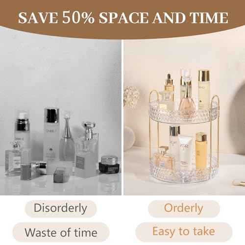 Rotating Makeup Organizer for Vanity, 2 Tier Perfume Skincare Storage for Women, Bathroom Counter Organizer, 360 Spinning Cosmetic Holder for Dresser Countertop, Clear