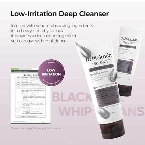 Dr.Melaxin Peel Shot Black Rice Mochi Whip Cleanser 100ml formulated for blackheads, clogged pores, excess sebum, and dull skin