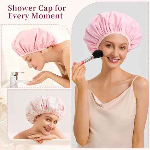 Reversible Shower Cap for Women Waterproof Reusable, Double Layer Large Shower Cap with Elastic Band, Non-Slip Washable Bath Hair Hat for Braids & Long Hair