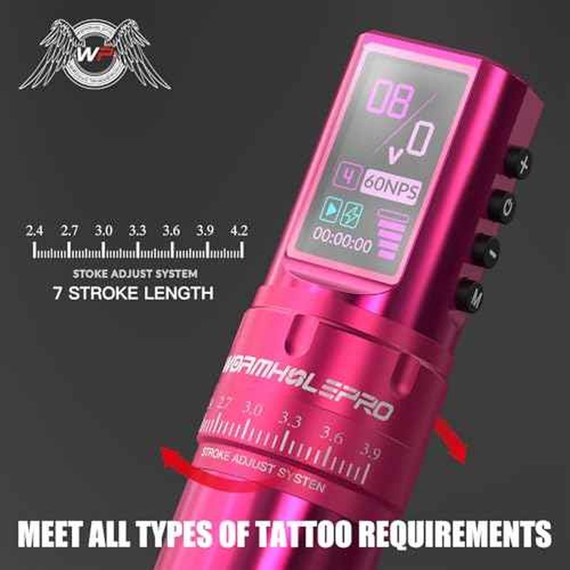 WORMHOLE PRO 80PCS Tattoo Gun Kit with 7 Adjustable Strokes, 1,800 mAh Capacity Replacement Power Supply, Digital LED Display, 20Pcs Tattoo Needles for Artists - Pink