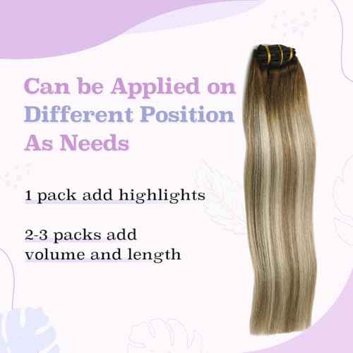 Sindra Clip in Hair Extensions Balayage Darker Brown to Ash Brown Highlights Golden Blonde 16 Inch 100g 6pcs Hair Extensions Clip Ins Remy Thick Ends #3/8/22 16''