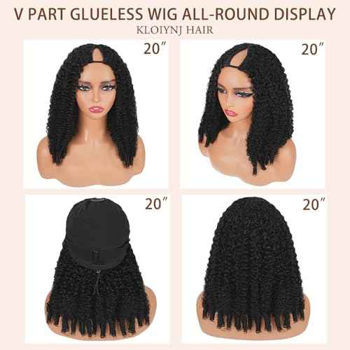 V Part Burmese Curly Wig Human Hair 200% Density Upgrade U Part Wig with Drawstring No Leave Out Glueless V Shape Full Head Clip In Half Wig Curly Human Hair Wig for Black Women Natural Color 20 Inch