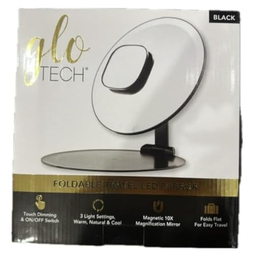 Foldable Travel Led Mirror - Touch Dimming & On/Off Swtich, 3 Light Settings, Warm, Natural & Cool, Magnetic 10X, Magnification Mirror, Folds Flat for Easy Travel (Black)
