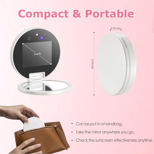 UV Camera for Sunscreen Test UV Mirror Sunscreen Camera, 3.8 Inch Rechargeable 2X Magnifying Vanity Mirror with Light Handheld Double-Sided Pocket Mirror for Skin Protection(White)