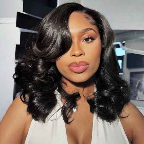 Bob Wig Human Hair 13x4 Lace Front Wigs Human Hair Pre Plucked 200% Density Short Body Wave Bob Wig Natural Color Glueless Bob Wigs for Black Women 14 Inch