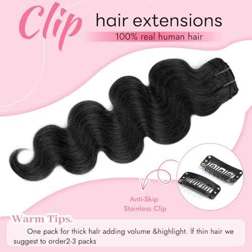 Clip in Hair Extensions Real Human Hair Body Wave 1B Natural Black Clip in 100% Brazilian Remy Human Hair Extensions 8pcs Per Set with 18 Clips Double Weft 22 Inch 110g/3.6oz