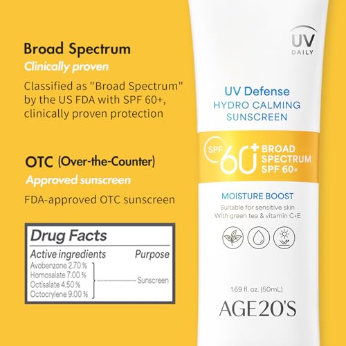 AGE20'S UV Defense Hydro Calming Sunscreen SPF 60+ | Korean Sunscreen | Moisturizing Creamy Formula, No White Cast, Lightweight Finish | Green Tea + Aloe Vera | Dermatest Excellent | 1.69 fl.oz*2