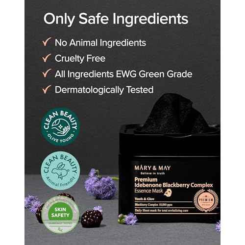 Mary&May Premium Idebenone Blackberry Complex Essence Mask - Quick Dispenser Type Anti Aging Korean Face Mask Sheet - Vitamin C, Panthenol, and Ceramide for Moisturizing and Radiant Skin, 20 Sheets