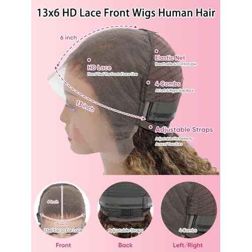 NOELLA 13x6 HD Lace Front Wigs Human Hair 24 Inch Honey Blonde Highlight Ombre Water Wave Curly Human Hair Wigs 210% Density Wet and Wavy Lace Frontal Glueless Wig For Black Women