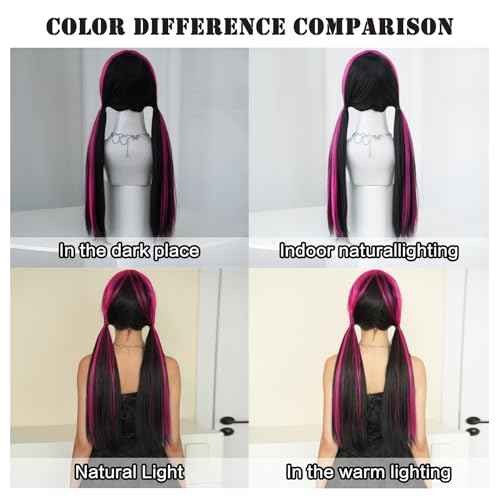 7JHH WIGS Wigs 28in Long Straight Wig Halloween Lolita Double Ponytail Wig for Women Black Wig with Rose Pink Highlight Cosplay Party wigs High Temperature Heat Resistant Fiber Natural Hairline Wig