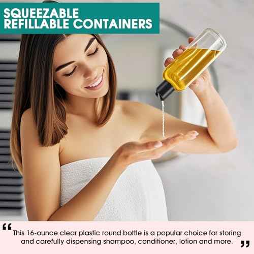 6 Pcs 16 oz Clear Plastic Empty Bottles with Black Disc Top Caps, Squeezable Refillable Shampoo Bottles Travel Cosmetic Containers for Lotions, Body Soap Cream