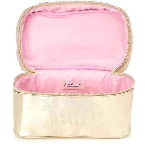 Juicy Couture Gold Makeup Bag Cosmetics Organizer Travel Essentials Train Case Shiny Rhinestones Faux Shearling