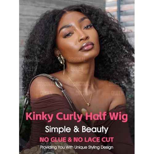 ORIGINAL QUEEN Kinky Curly Half Wig Human Hair Wear And Go Glueless Wigs Curly 3 In 1 Half Wigs for Women Drawstring Seamless Flip Over Glueless Wigs Beginner Friendly 18 Inch