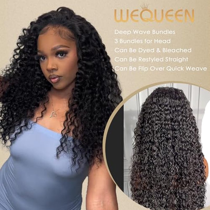 WEQUEEN Deep Wave Human Hair Bundles 22 Inch 100% 16A Brazilian Hair Long Lasting Deep Wave Bundles for Women