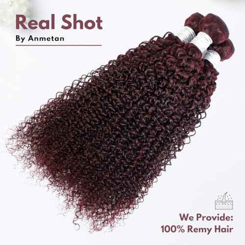 #99J Dark Burgundy Kinky Curly Human Hair Bundles with 2x6 Closure, 12A Remy Soft and Thick 3 Bundles with 2x6 HD Transparent Lace Closure Deep Part Colored Curly Wave Sew In 10 12 14+10 In
