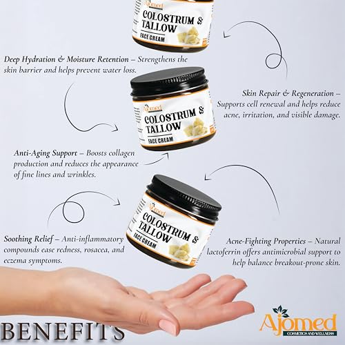 Colostrum & Tallow Face Moisturizer - tallow For Dry skin, Fine Lines & Aging ? Handmade Skincare Tallow balm for rosacea, eczema- Retinol & Hyaluronic Acid Cream, Moisturizer Face Cream Day & Night