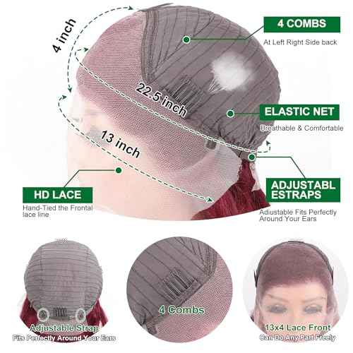 Body Wave 99j Burgundy 13x4 Lace Front Wig Human Hair 180% Density Glueless Burgundy Red Wigs Human Hair 99j Body Wave Wigs for Women 24 Inch