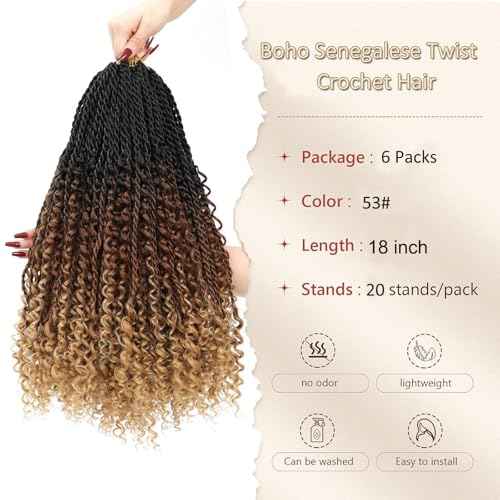 Goddess Twist Braids Crochet Hair With Curly Ends Senegalese Twist Braids Crochet Braids 6 Packs black brown light brown Crochet Braids Synthetic Braiding Hair Extension for Black Women (18inch, 53#)