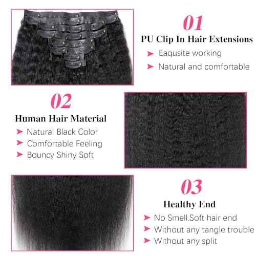 Seamless Kinky Straight Clip Ins Hair Extension Real Human Hair 18 Inch PU Kinky Straight Clip In Hair Extensions Human 8 Pcs/120g(18inch,Natural Black)