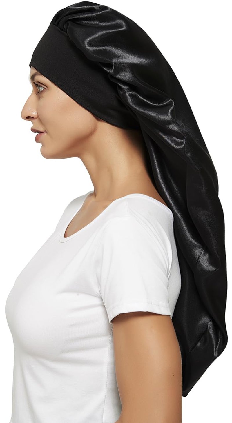 2 Pcs Hair Bonnets for Women Satin, Soft Elastic Band Silky Sleeping Cap Big Bonnets for Women Comfortable Bonnet for Braids(Black+Purple)