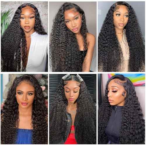 Caijuxing 30Inch Deep Wave Lace Front Wigs Human Hair 200 Density 13x4 HD Transparent Lace Frontal Wigs Human Hair Pre Plucked Curly Lace Front Wig Wigs for Black Women Natural Color