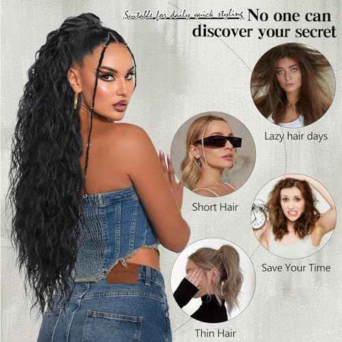 Ponytail Extension, Claw Clip Ponytail Extension Long Black Curly Clip in Pony Tails Hair Extensions 30 Inch Synthetic Layered Fluffy Hairpieces for Women